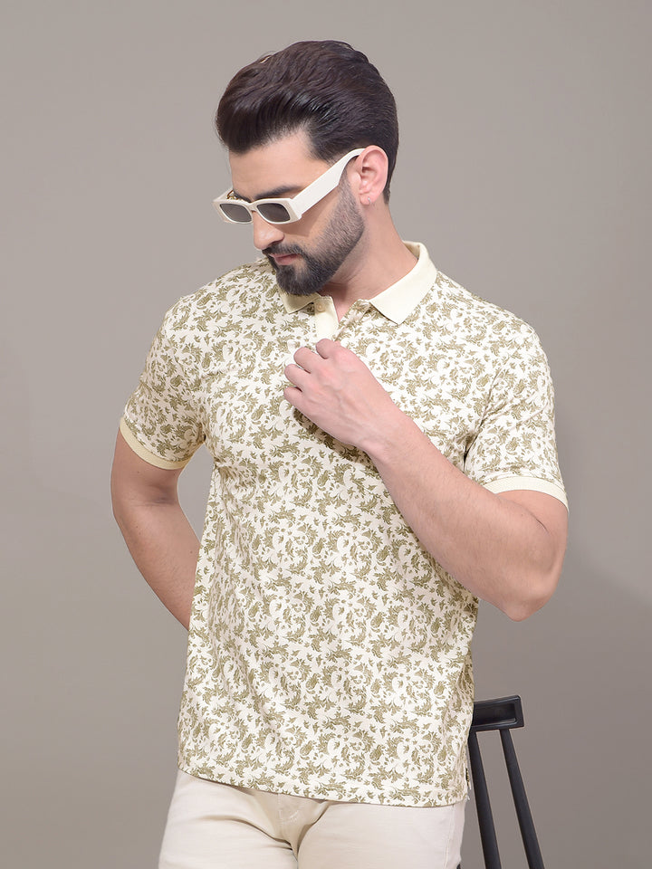 Olive Floral Print Polo Neck T-Shirt-Men T-Shirts-Crimsoune Club