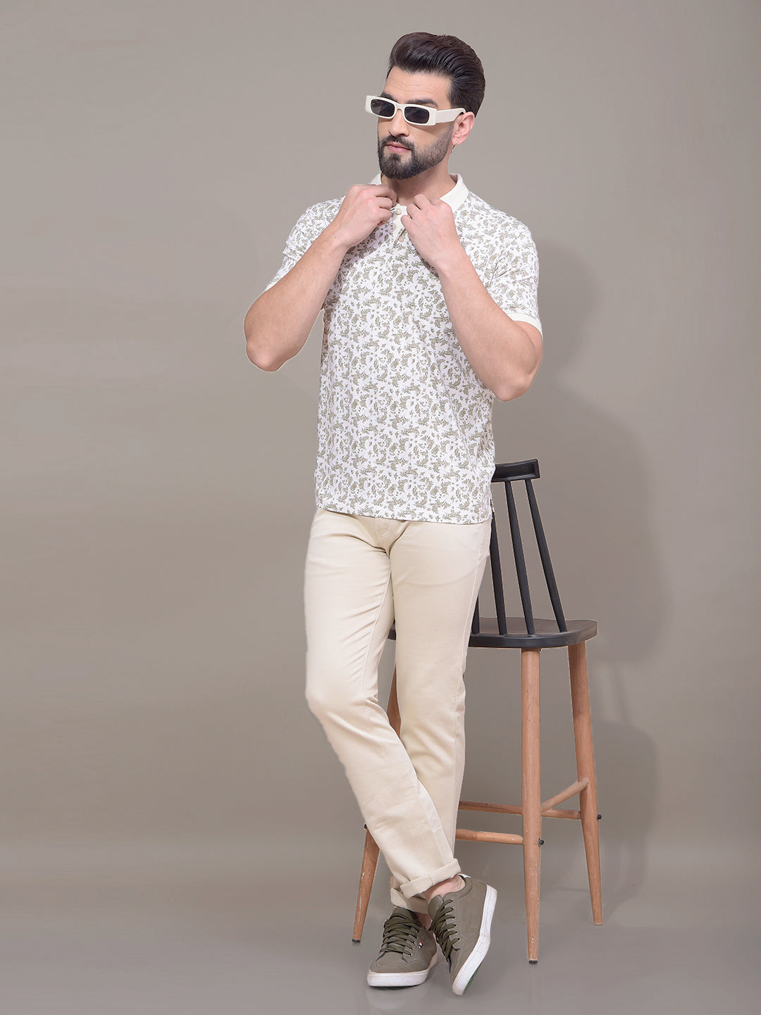Olive Floral Print Polo Neck T-Shirt-Men T-Shirts-Crimsoune Club
