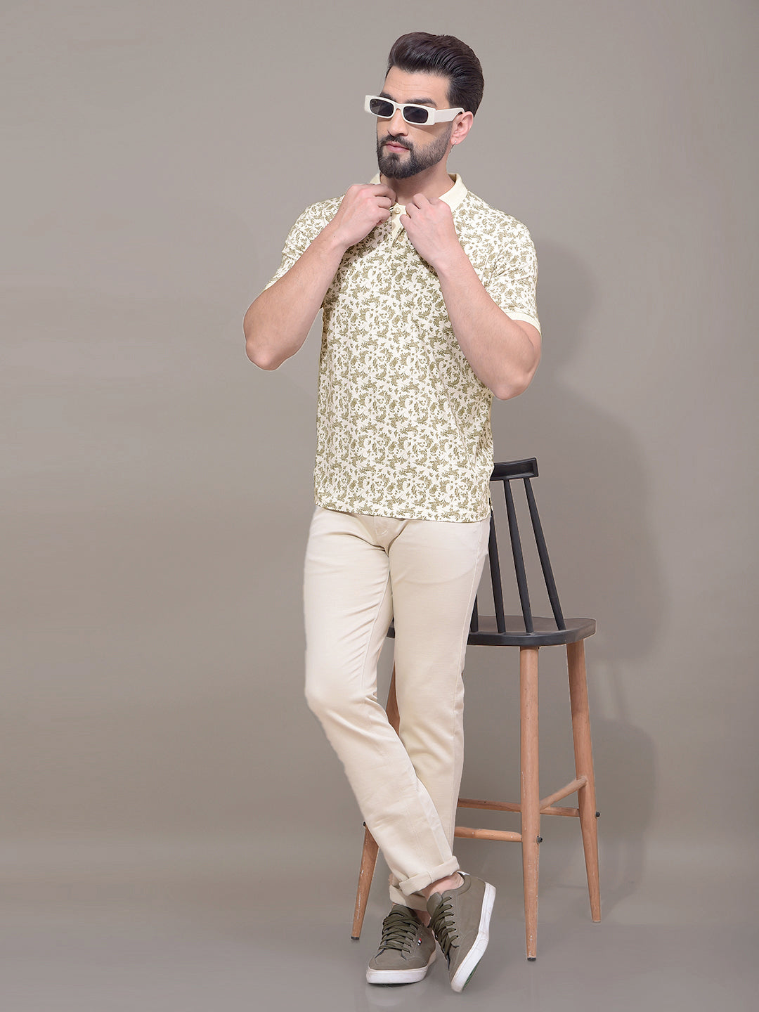 Olive Floral Print Polo Neck T-Shirt-Men T-Shirts-Crimsoune Club