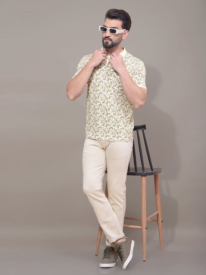 Olive Floral Print Polo Neck T-Shirt-Men T-Shirts-Crimsoune Club