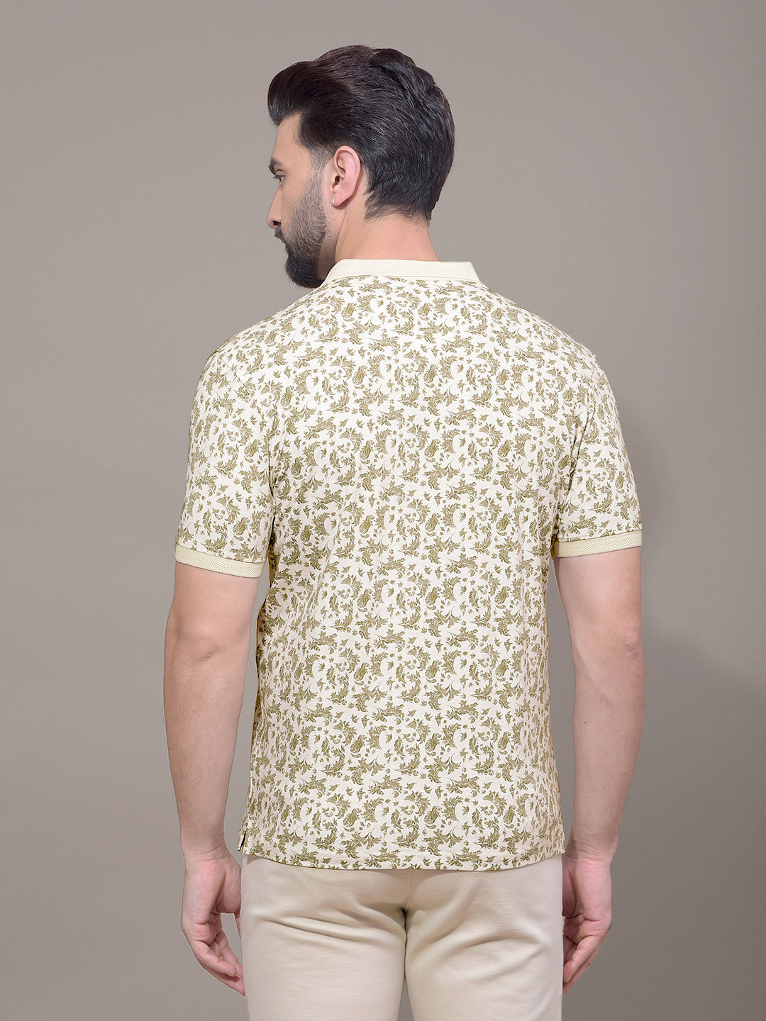 Olive Floral Print Polo Neck T-Shirt-Men T-Shirts-Crimsoune Club
