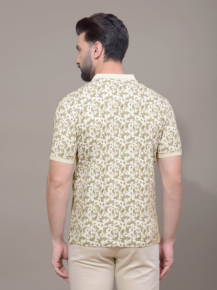 Olive Floral Print Polo Neck T-Shirt-Men T-Shirts-Crimsoune Club