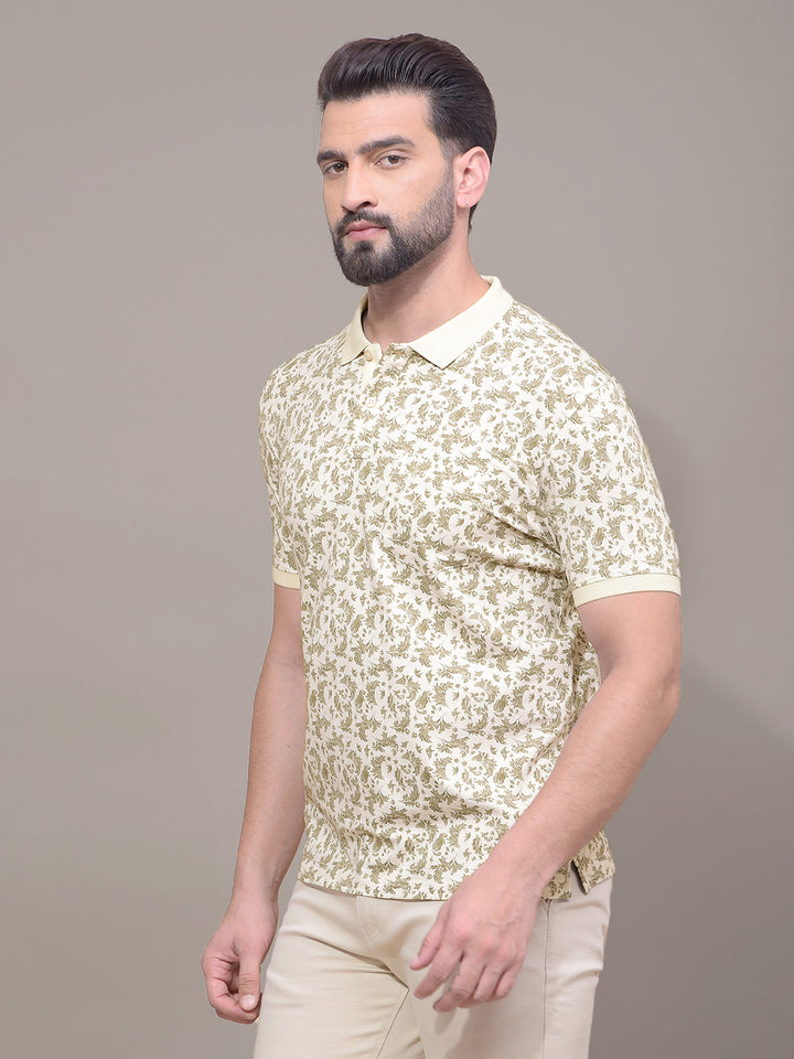 Olive Floral Print Polo Neck T-Shirt-Men T-Shirts-Crimsoune Club