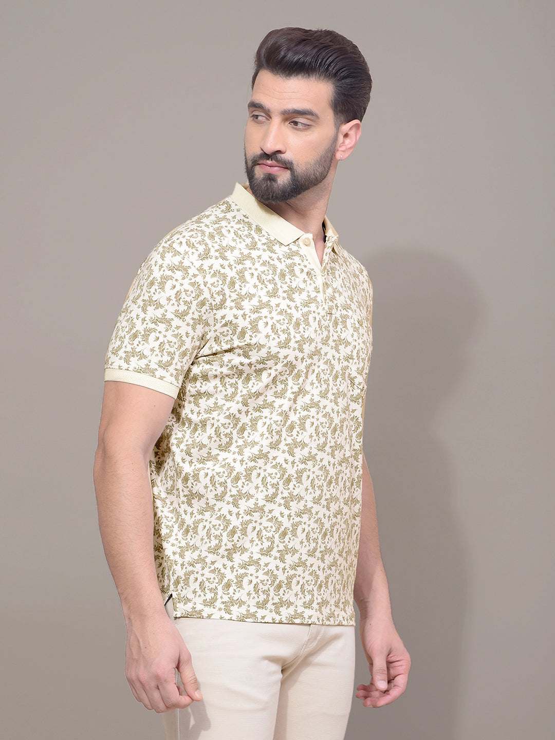 Olive Floral Print Polo Neck T-Shirt-Men T-Shirts-Crimsoune Club