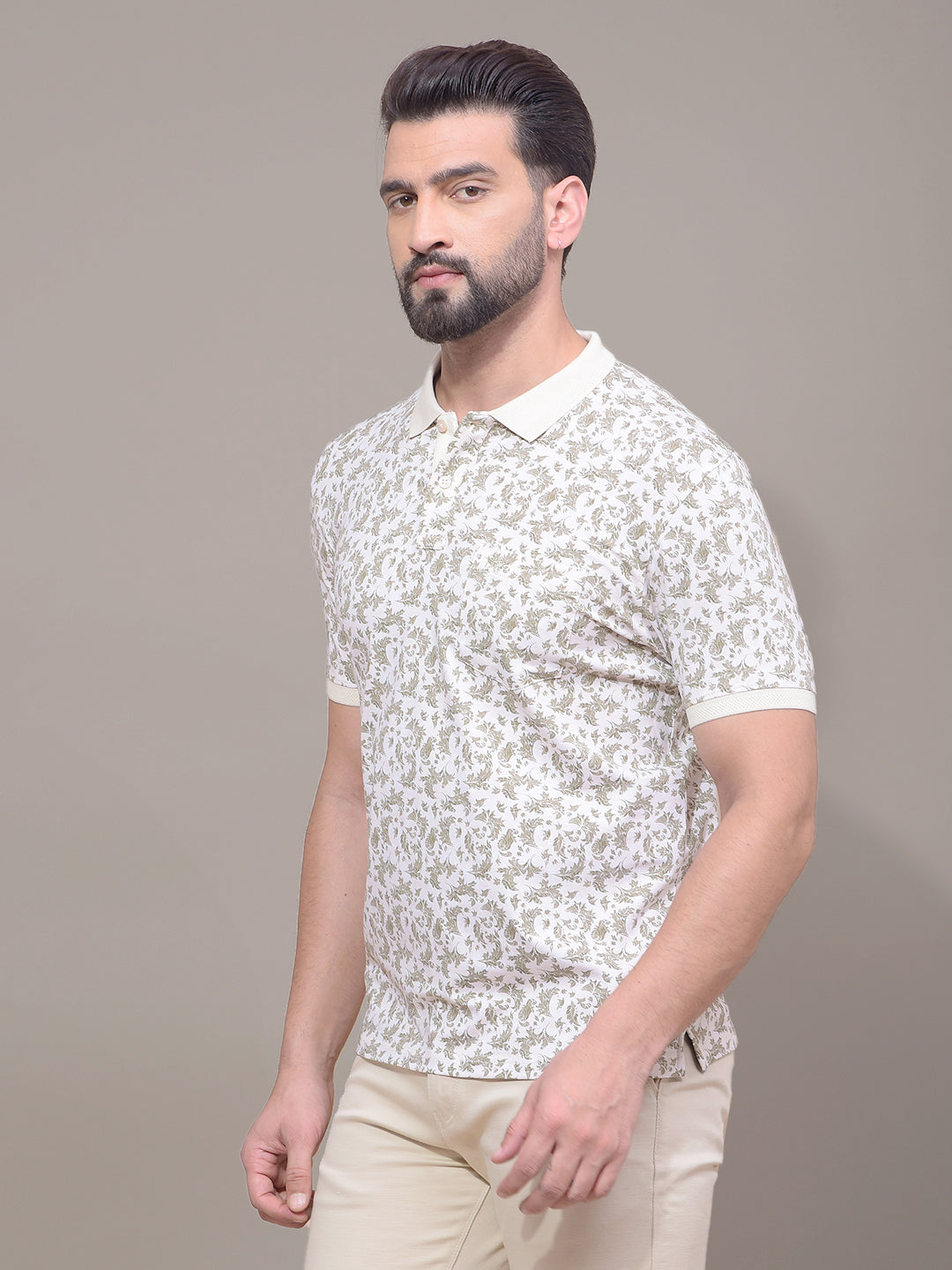 Olive Floral Print Polo Neck T-Shirt-Men T-Shirts-Crimsoune Club