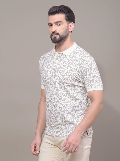 Olive Floral Print Polo Neck T-Shirt-Men T-Shirts-Crimsoune Club