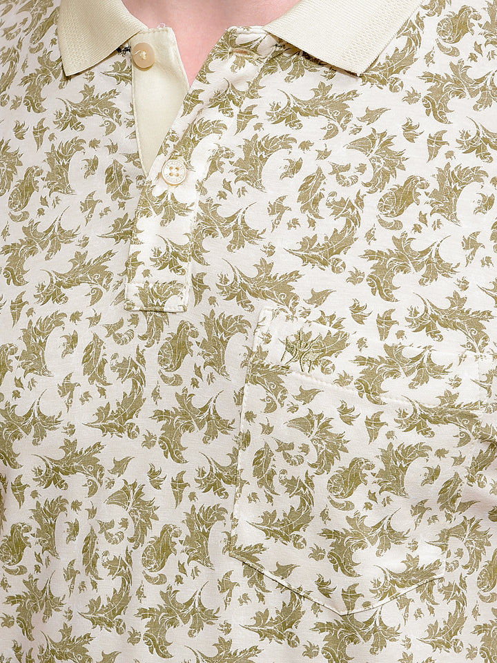 Olive Floral Print Polo Neck T-Shirt-Men T-Shirts-Crimsoune Club