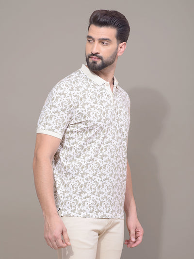 Olive Floral Print Polo Neck T-Shirt-Men T-Shirts-Crimsoune Club