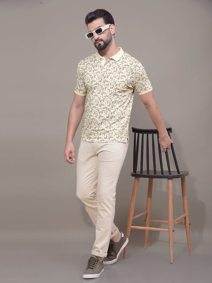 Olive Floral Print Polo Neck T-Shirt-Men T-Shirts-Crimsoune Club
