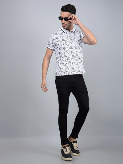 White Floral Print Polo Neck T-Shirt-Men T-Shirts-Crimsoune Club