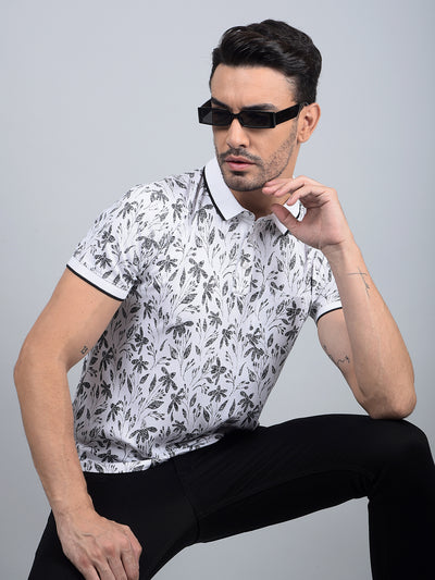 White Floral Print Polo Neck T-Shirt-Men T-Shirts-Crimsoune Club