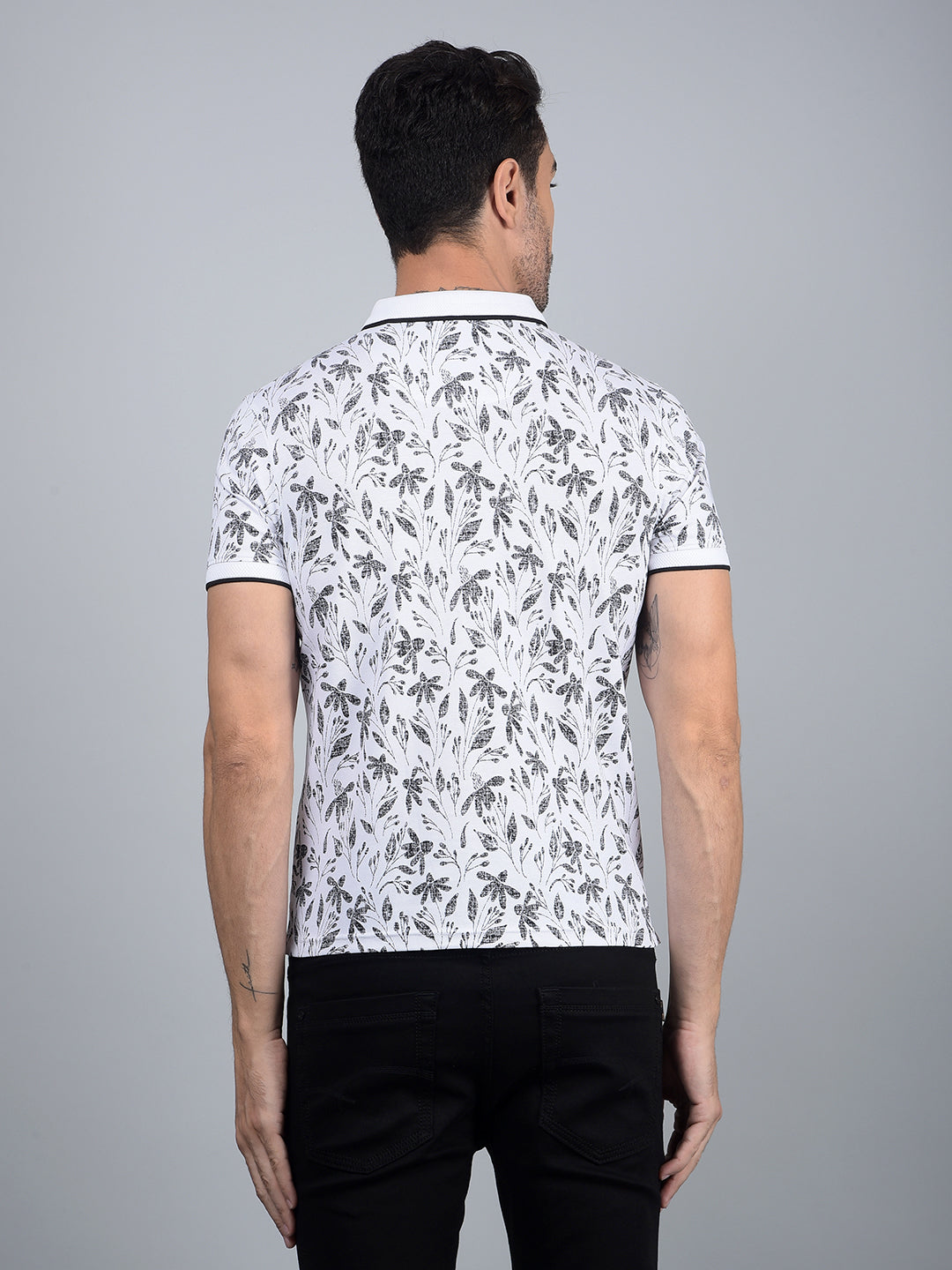 White Floral Print Polo Neck T-Shirt-Men T-Shirts-Crimsoune Club