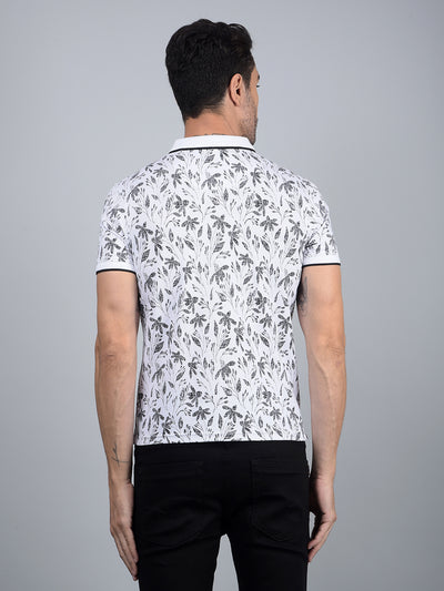White Floral Print Polo Neck T-Shirt-Men T-Shirts-Crimsoune Club