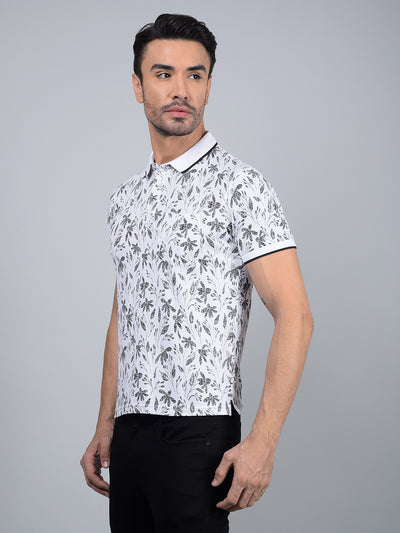 White Floral Print Polo Neck T-Shirt-Men T-Shirts-Crimsoune Club