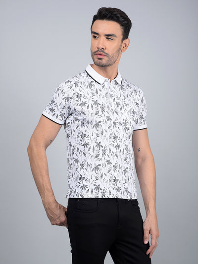 White Floral Print Polo Neck T-Shirt-Men T-Shirts-Crimsoune Club
