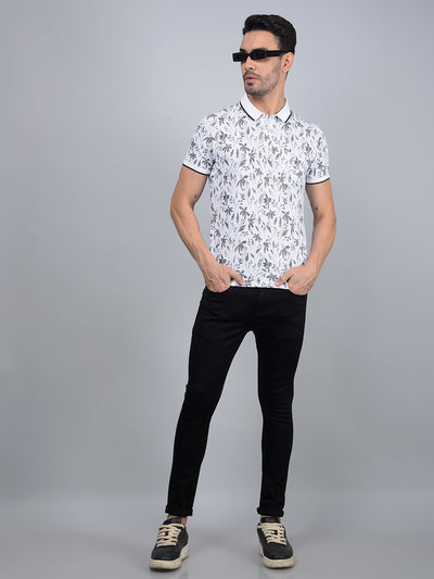 White Floral Print Polo Neck T-Shirt-Men T-Shirts-Crimsoune Club