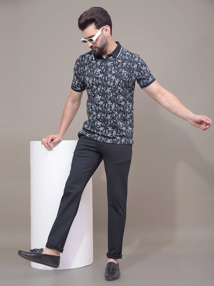 Black Floral Print Polo Neck T-Shirt-Men T-Shirts-Crimsoune Club