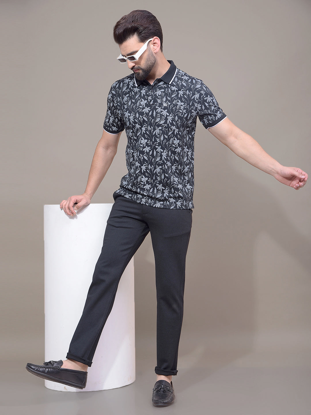 Black Floral Print Polo Neck T-Shirt-Men T-Shirts-Crimsoune Club