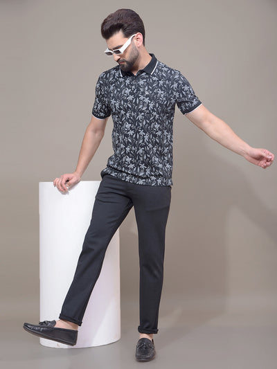 Black Floral Print Polo Neck T-Shirt-Men T-Shirts-Crimsoune Club