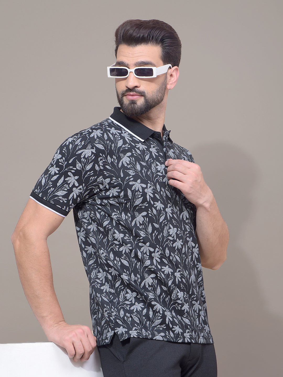 Black Floral Print Polo Neck T-Shirt-Men T-Shirts-Crimsoune Club