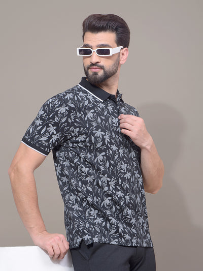 Black Floral Print Polo Neck T-Shirt-Men T-Shirts-Crimsoune Club