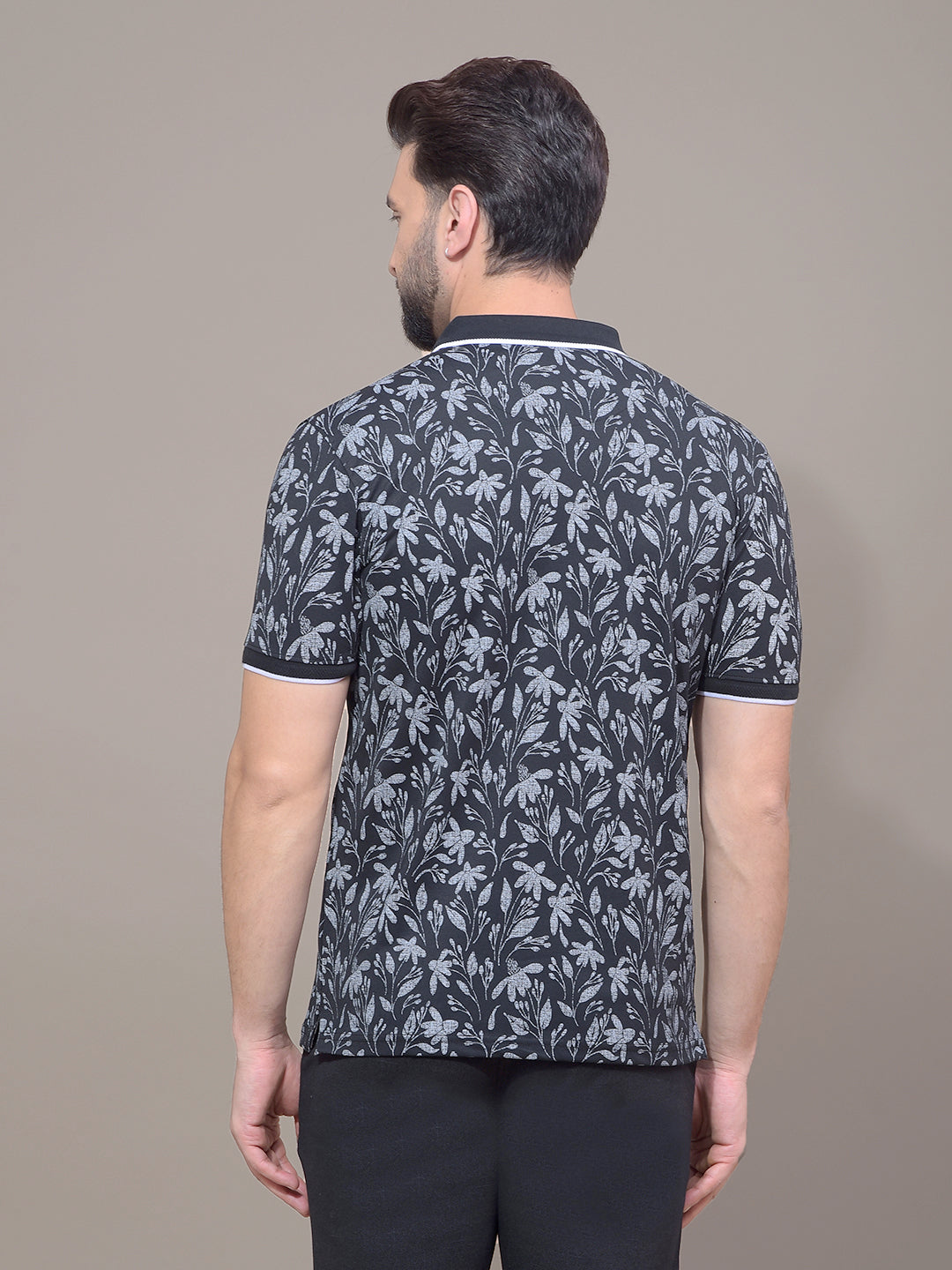 Black Floral Print Polo Neck T-Shirt-Men T-Shirts-Crimsoune Club