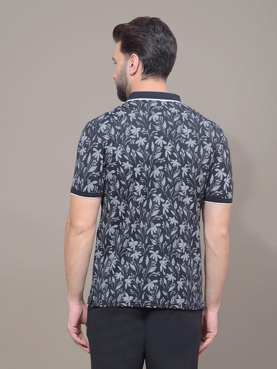 Black Floral Print Polo Neck T-Shirt-Men T-Shirts-Crimsoune Club