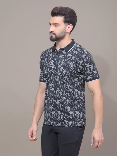 Black Floral Print Polo Neck T-Shirt-Men T-Shirts-Crimsoune Club