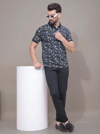 Black Floral Print Polo Neck T-Shirt-Men T-Shirts-Crimsoune Club