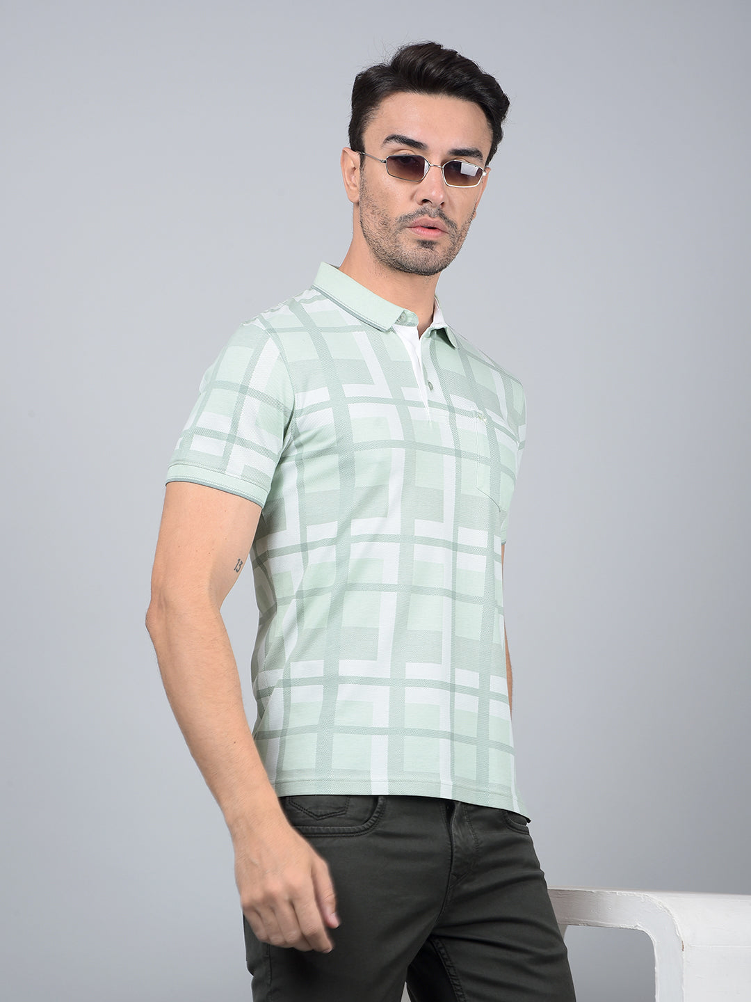 Green Floral Print Polo Neck T-Shirt-Men T-Shirts-Crimsoune Club