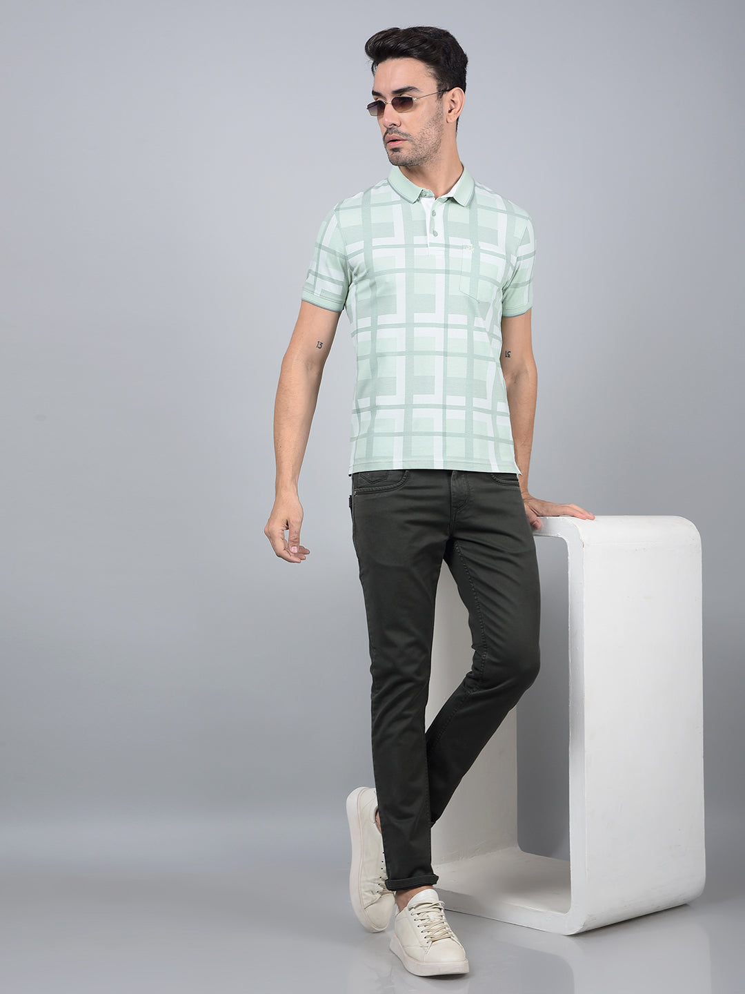 Green Floral Print Polo Neck T-Shirt-Men T-Shirts-Crimsoune Club