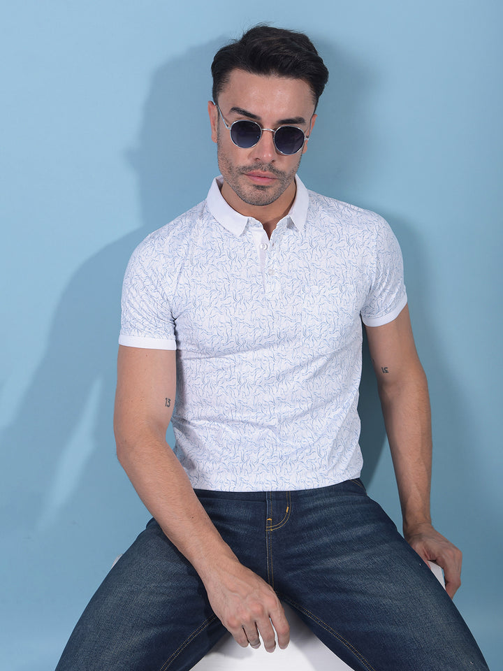 Blue Printed Polo Neck T-Shirt-Men T-Shirts-Crimsoune Club