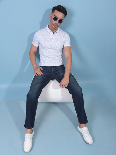 Blue Printed Polo Neck T-Shirt-Men T-Shirts-Crimsoune Club