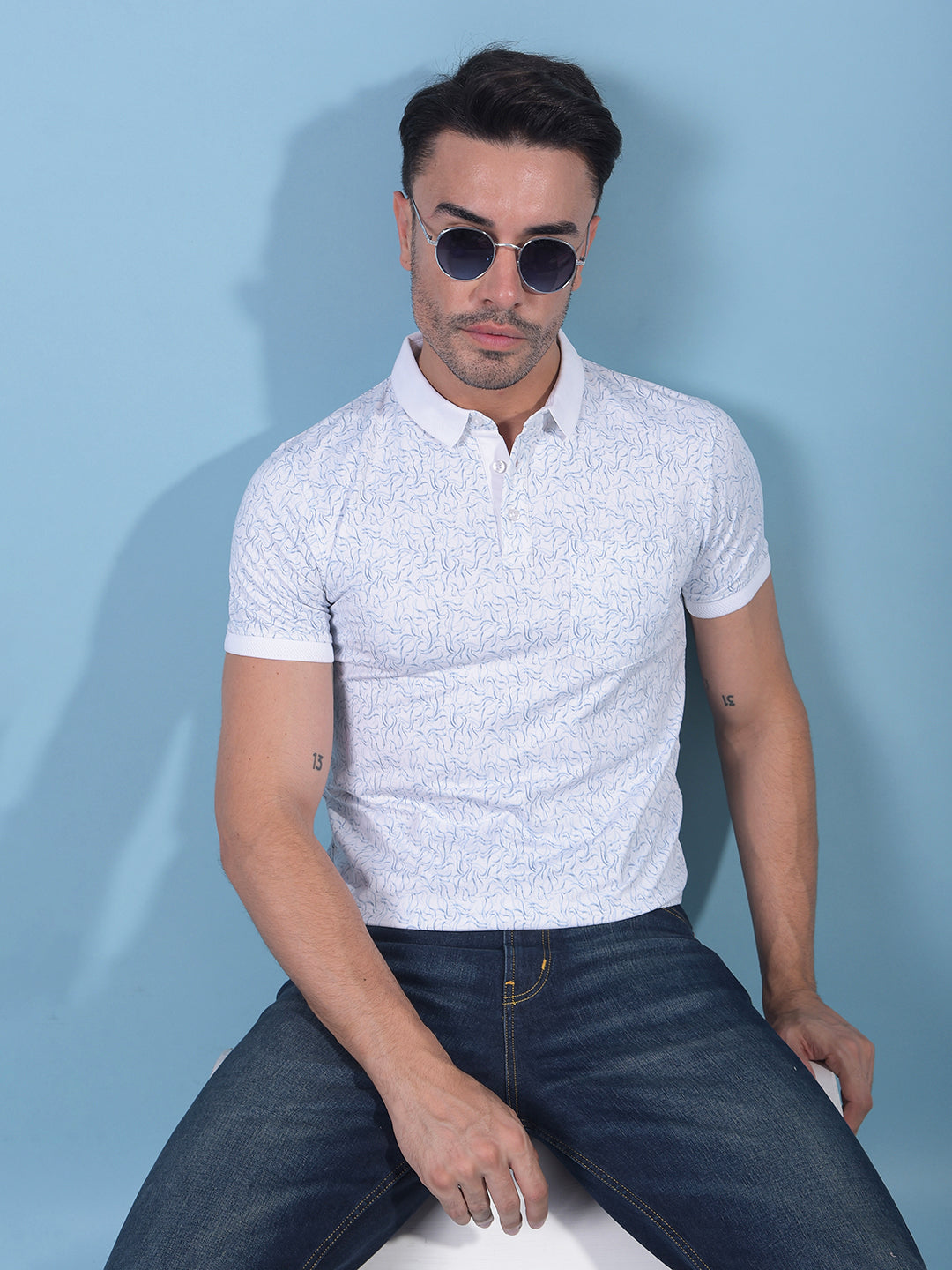 Blue Printed Polo Neck T-Shirt-Men T-Shirts-Crimsoune Club