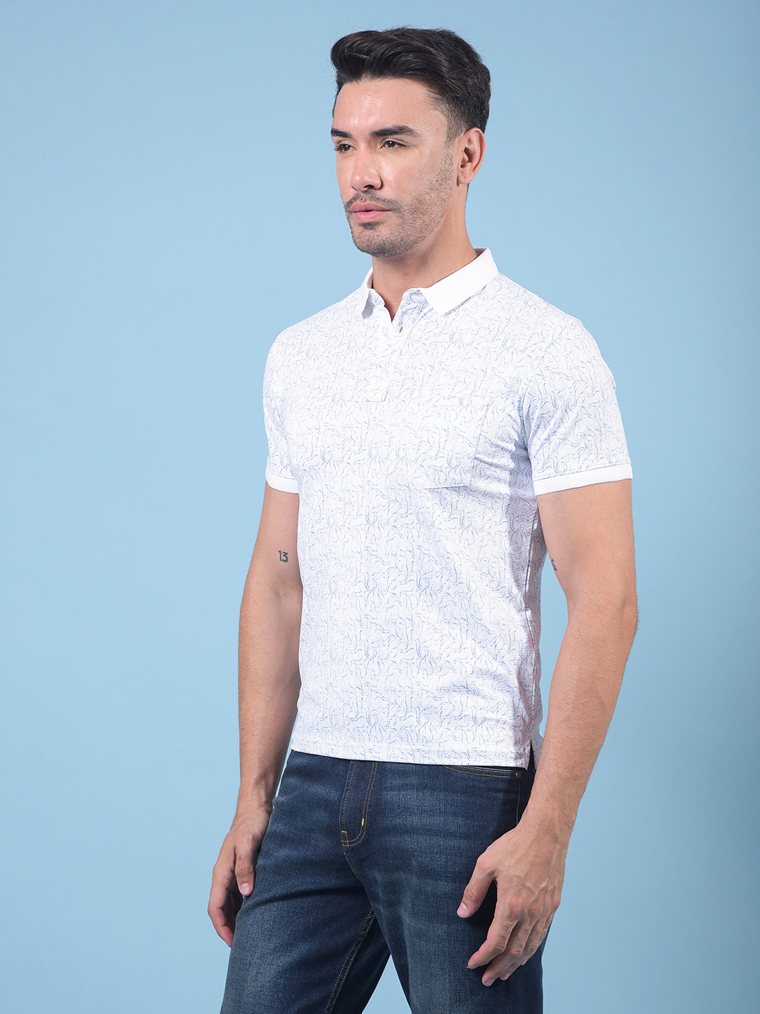 Blue Printed Polo Neck T-Shirt-Men T-Shirts-Crimsoune Club