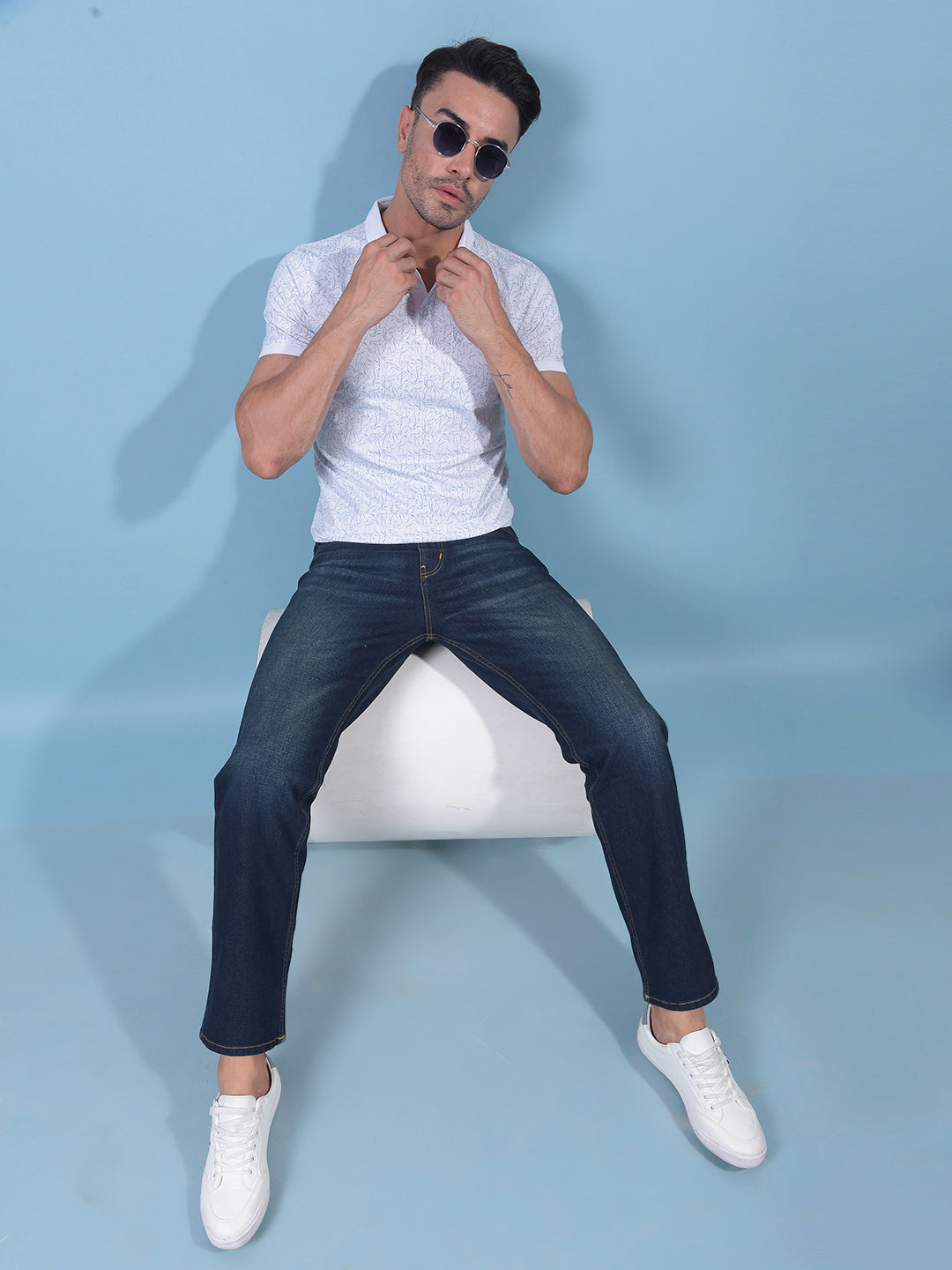 Blue Printed Polo Neck T-Shirt-Men T-Shirts-Crimsoune Club