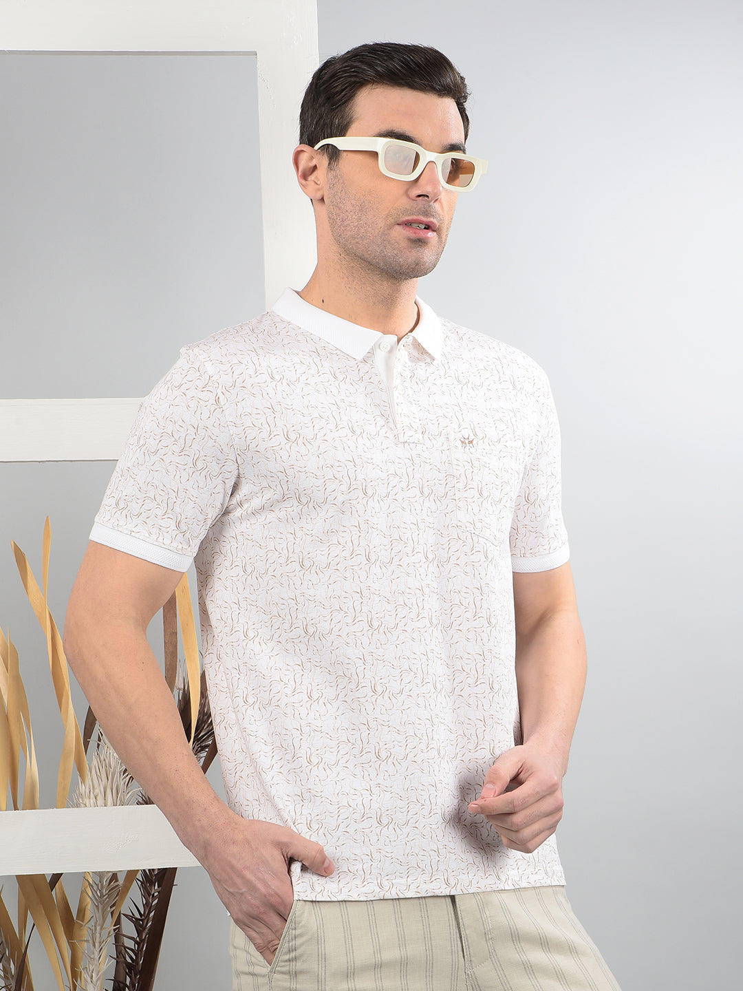 Beige Printed Polo Neck T-Shirt-Men T-Shirts-Crimsoune Club