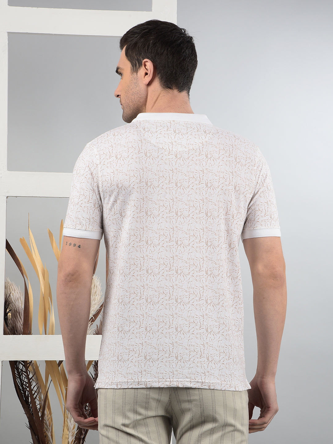 Beige Printed Polo Neck T-Shirt-Men T-Shirts-Crimsoune Club