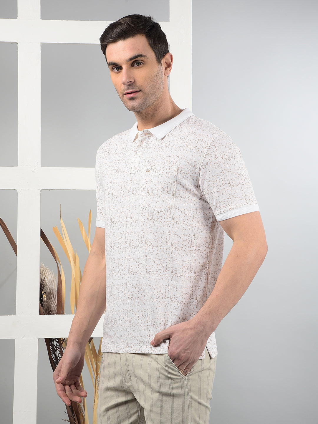 Beige Printed Polo Neck T-Shirt-Men T-Shirts-Crimsoune Club