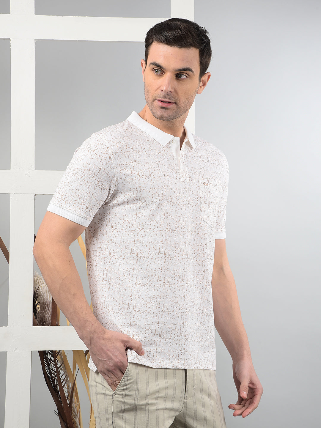 Beige Printed Polo Neck T-Shirt-Men T-Shirts-Crimsoune Club