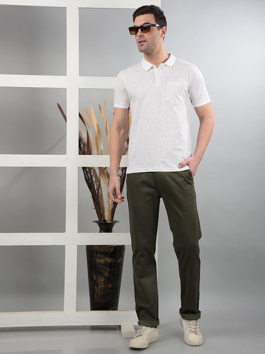 White Floral Print Polo Neck T-Shirt-Men T-Shirts-Crimsoune Club