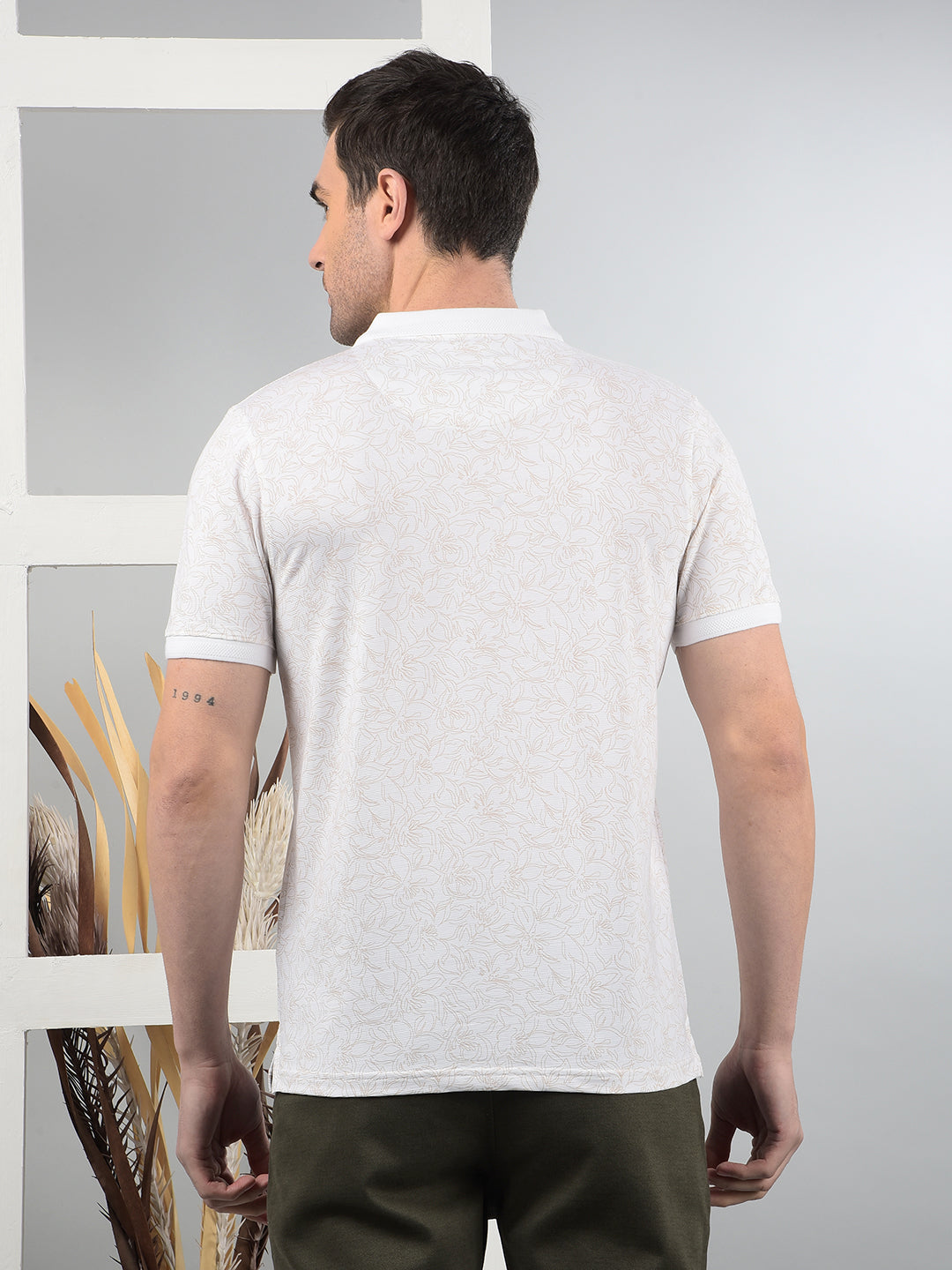 White Floral Print Polo Neck T-Shirt-Men T-Shirts-Crimsoune Club