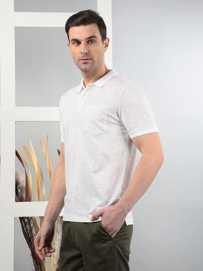 White Floral Print Polo Neck T-Shirt-Men T-Shirts-Crimsoune Club
