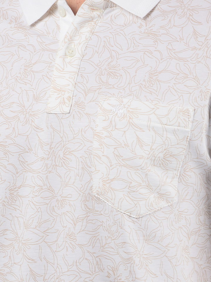 White Floral Print Polo Neck T-Shirt-Men T-Shirts-Crimsoune Club