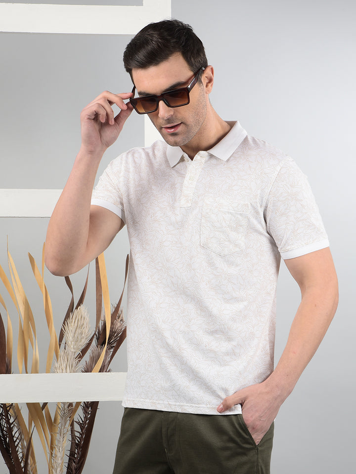White Floral Print Polo Neck T-Shirt-Men T-Shirts-Crimsoune Club