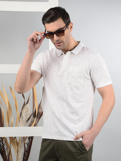 White Floral Print Polo Neck T-Shirt-Men T-Shirts-Crimsoune Club