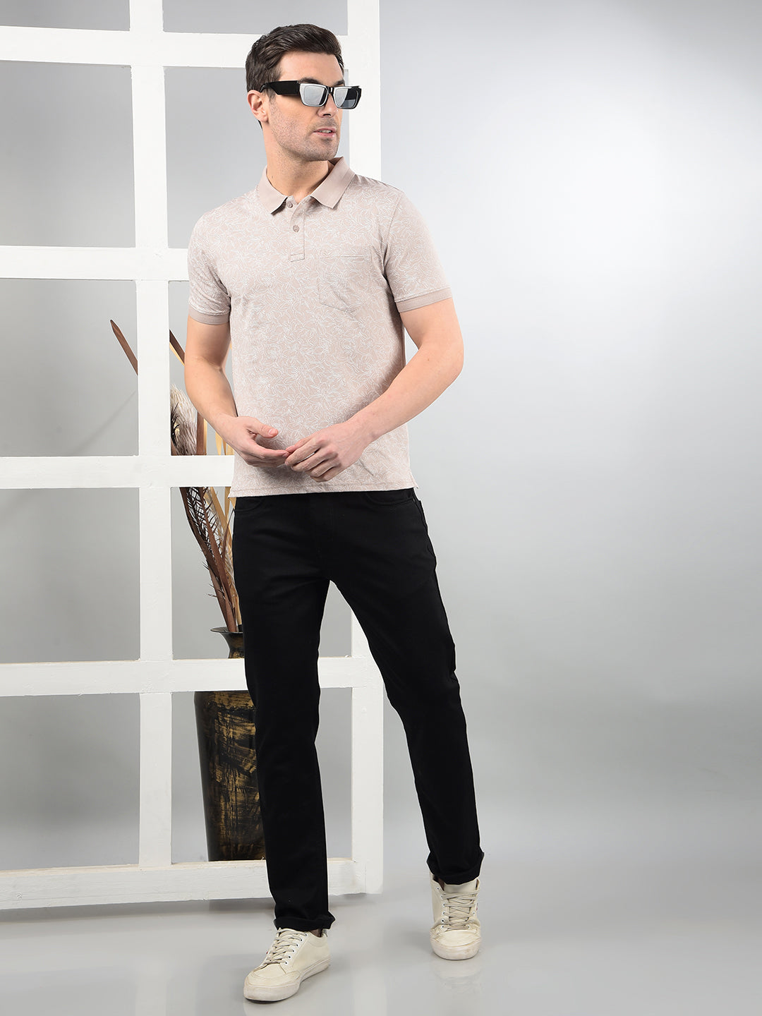 Beige Floral Print Polo Neck T-Shirt-Men T-Shirts-Crimsoune Club