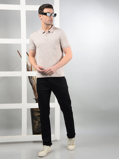 Beige Floral Print Polo Neck T-Shirt-Men T-Shirts-Crimsoune Club