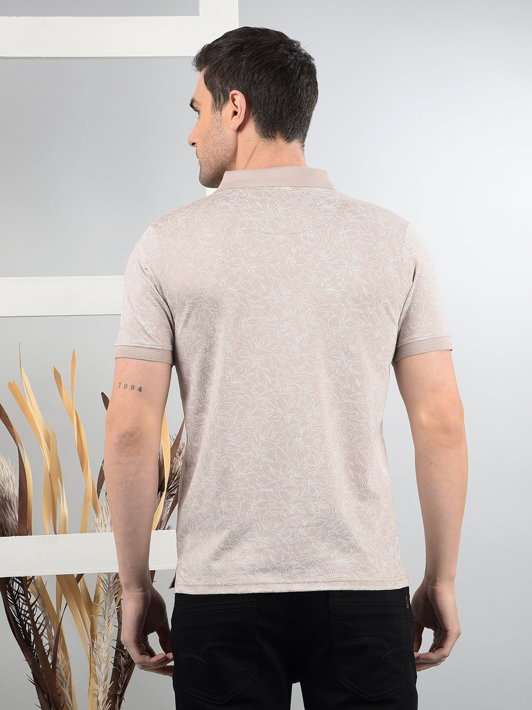 Beige Floral Print Polo Neck T-Shirt-Men T-Shirts-Crimsoune Club