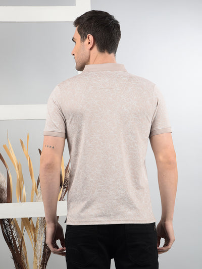 Beige Floral Print Polo Neck T-Shirt-Men T-Shirts-Crimsoune Club